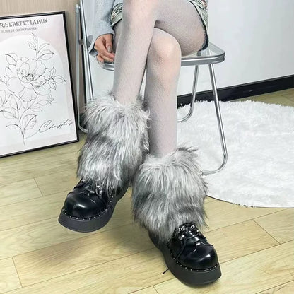 15-40Cm Black White Grey Vintage Faux Fur Leg Warmers Winter Warm Furry Boots Cover for Women Sock Punk Jk Cosplay Accessories