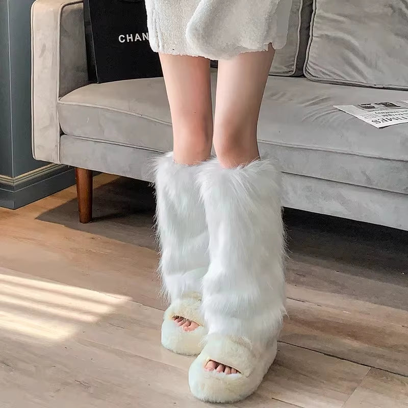 15-40Cm Black White Grey Vintage Faux Fur Leg Warmers Winter Warm Furry Boots Cover for Women Sock Punk Jk Cosplay Accessories