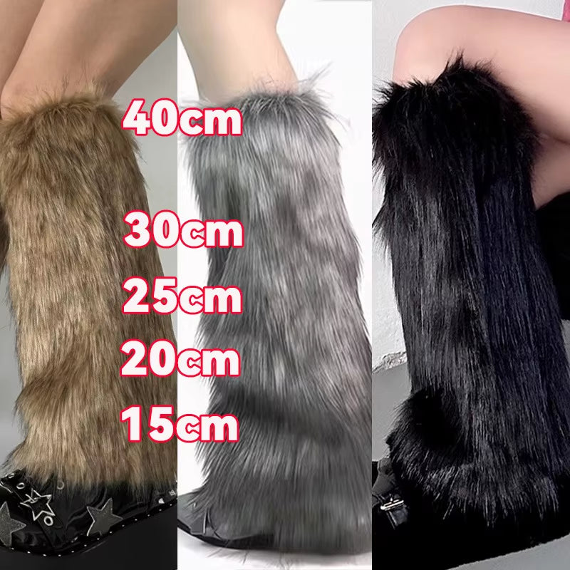 15-40Cm Black White Grey Vintage Faux Fur Leg Warmers Winter Warm Furry Boots Cover for Women Sock Punk Jk Cosplay Accessories
