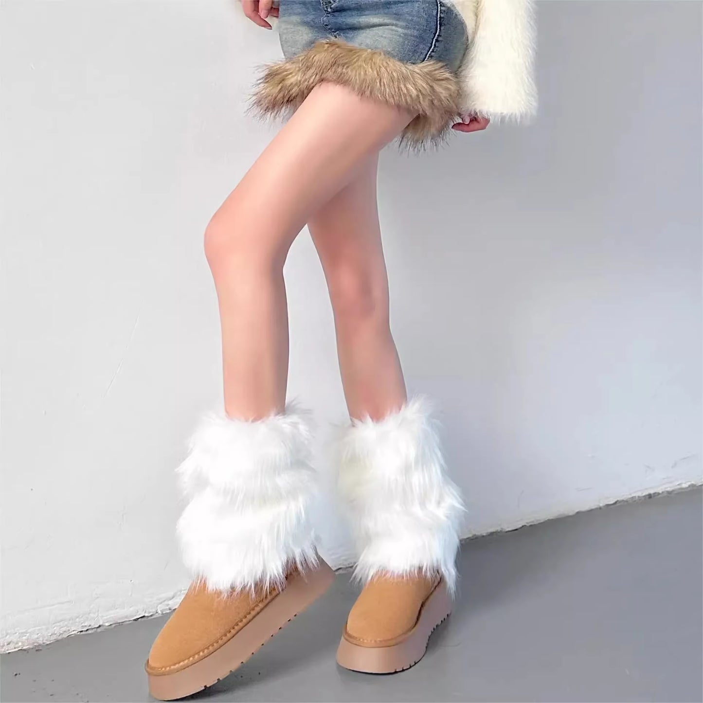 15-40Cm Black White Grey Vintage Faux Fur Leg Warmers Winter Warm Furry Boots Cover for Women Sock Punk Jk Cosplay Accessories