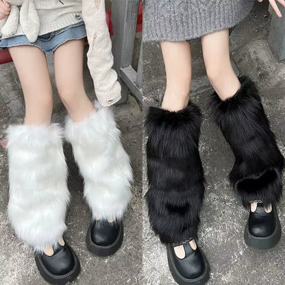 15-40Cm Black White Grey Vintage Faux Fur Leg Warmers Winter Warm Furry Boots Cover for Women Sock Punk Jk Cosplay Accessories