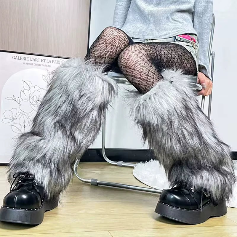 15-40Cm Black White Grey Vintage Faux Fur Leg Warmers Winter Warm Furry Boots Cover for Women Sock Punk Jk Cosplay Accessories